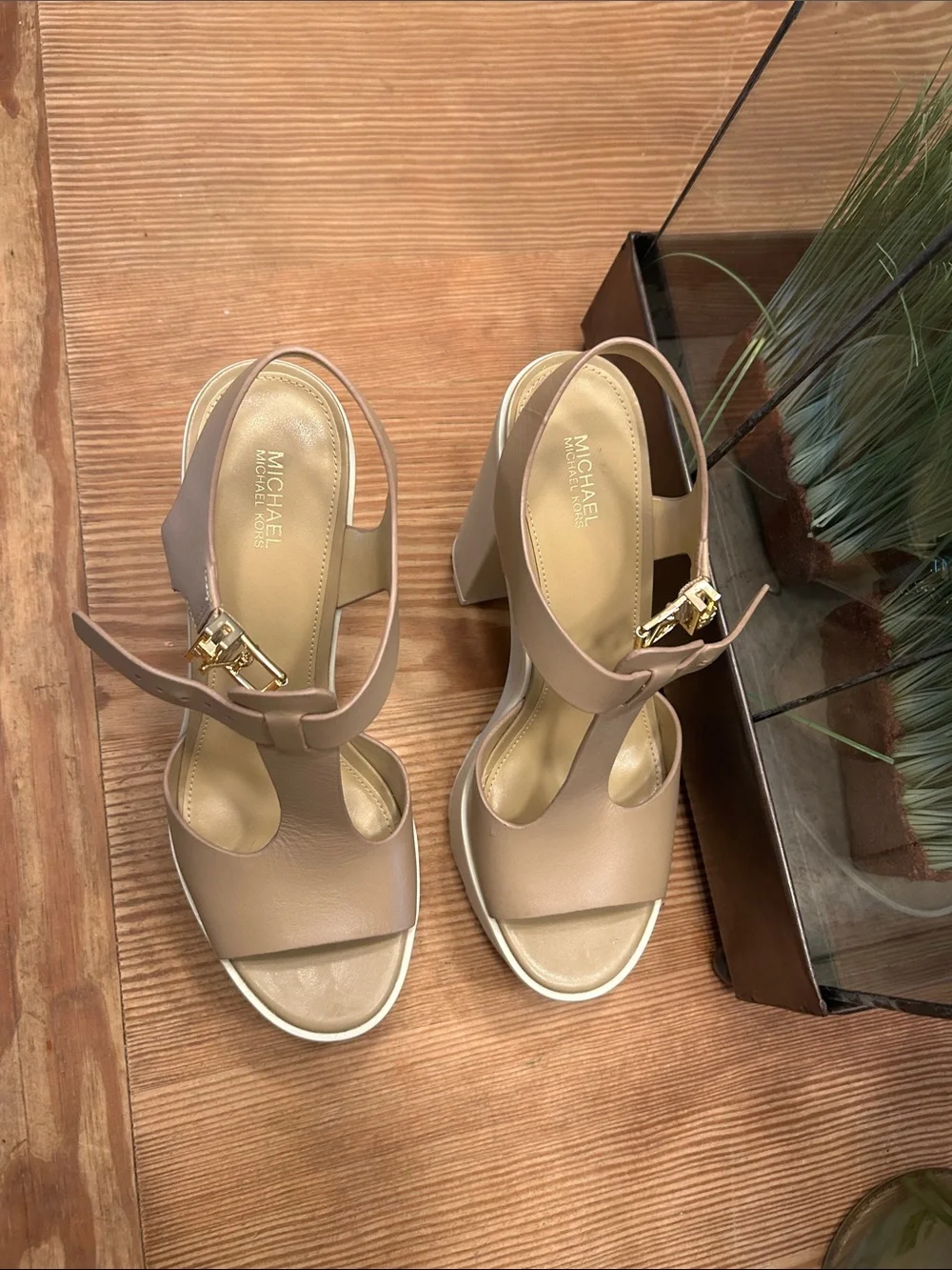 Michael Kors Beige Platform T-Strap Sandals with White Sole
